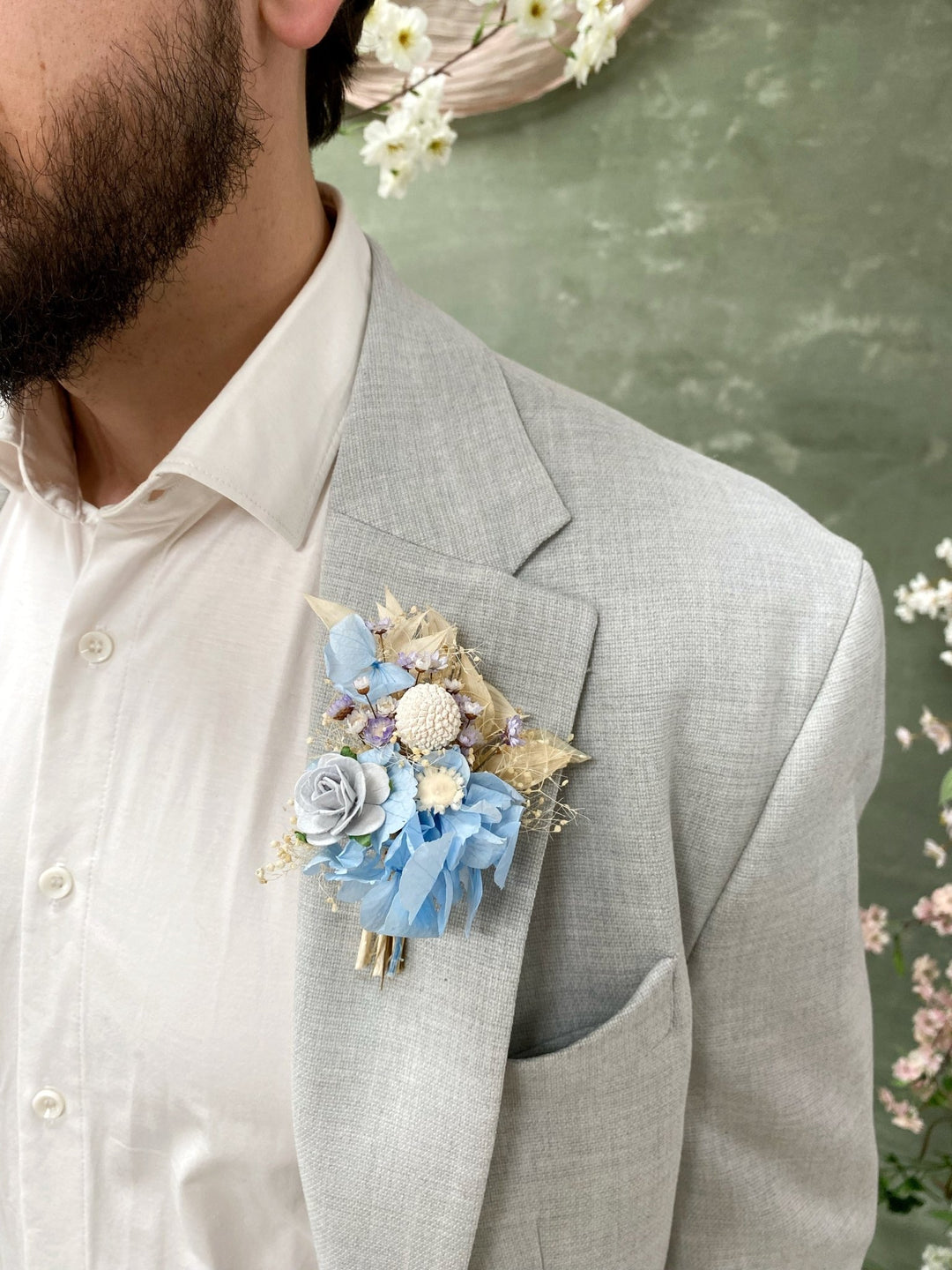 Baby Blue Hydrangea Boutonniere: Rustic Wedding Groomsmen Corsage – handmade floral hair accessory by magaela