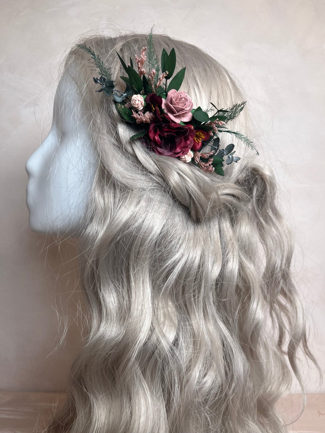 Burgundy Fall Wedding Hair Comb with Peonies, Roses, Eucalyptus and Ferns – handmade floral hair accessory by magaela