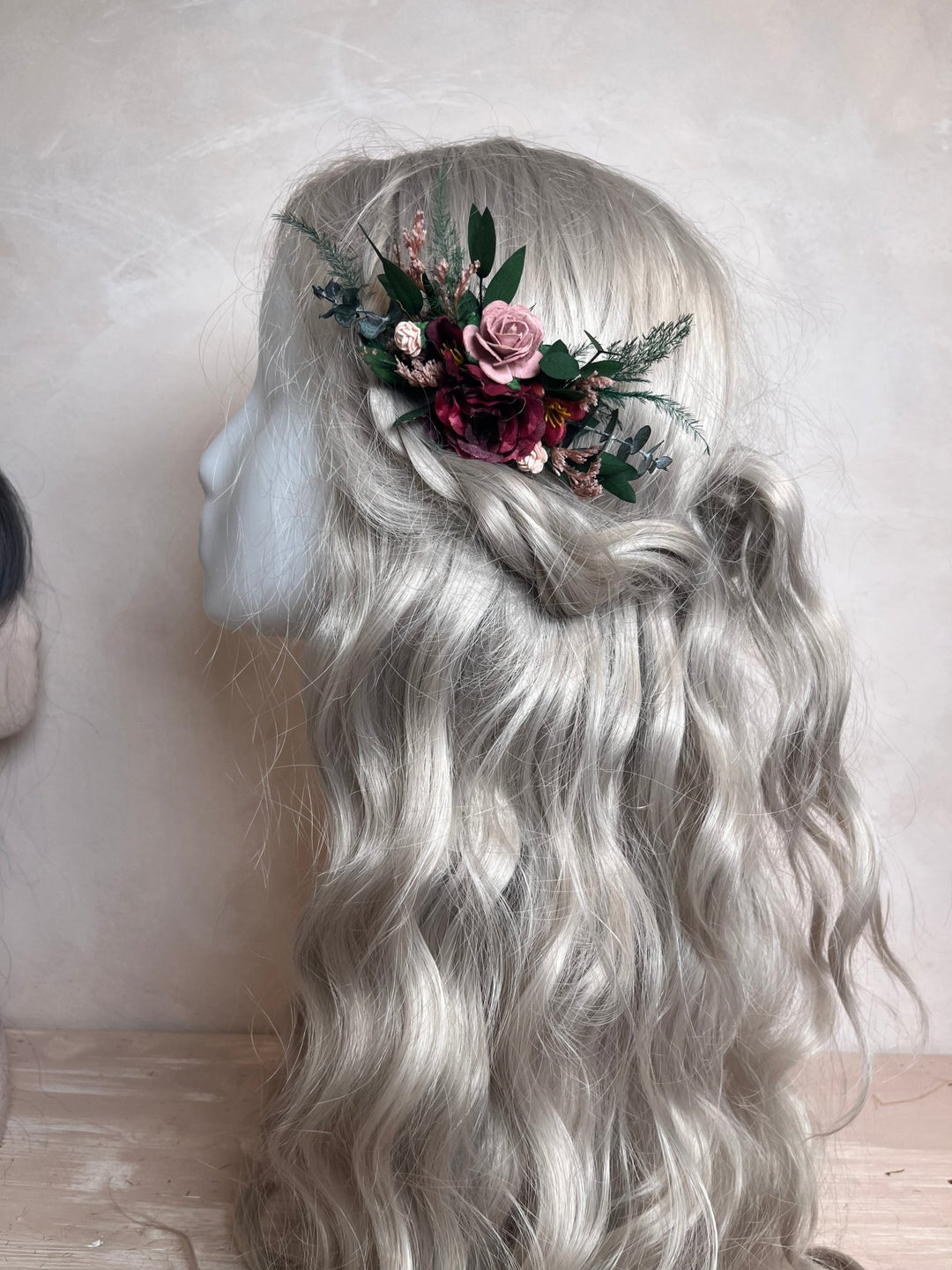 Burgundy Fall Wedding Hair Comb with Peonies, Roses, Eucalyptus and Ferns – handmade floral hair accessory by magaela