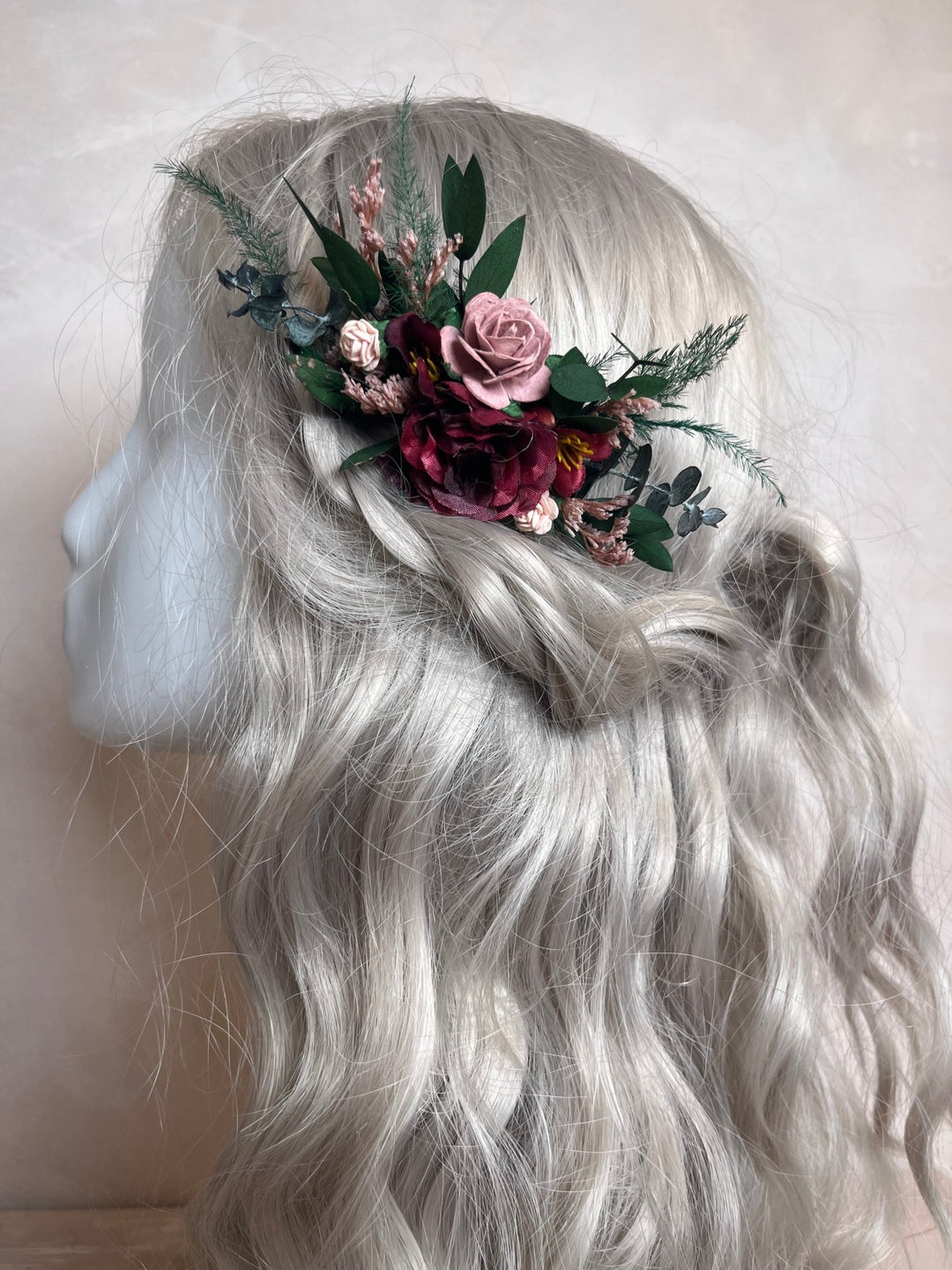 Burgundy Fall Wedding Hair Comb with Peonies, Roses, Eucalyptus and Ferns – handmade floral hair accessory by magaela