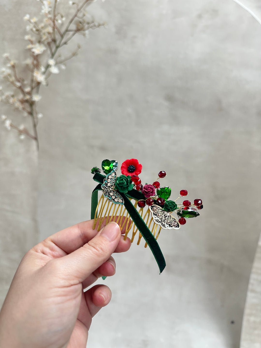 Red Green Glamour Hair Comb and Clip Set with Roses, Butterflies and Crystal Beads