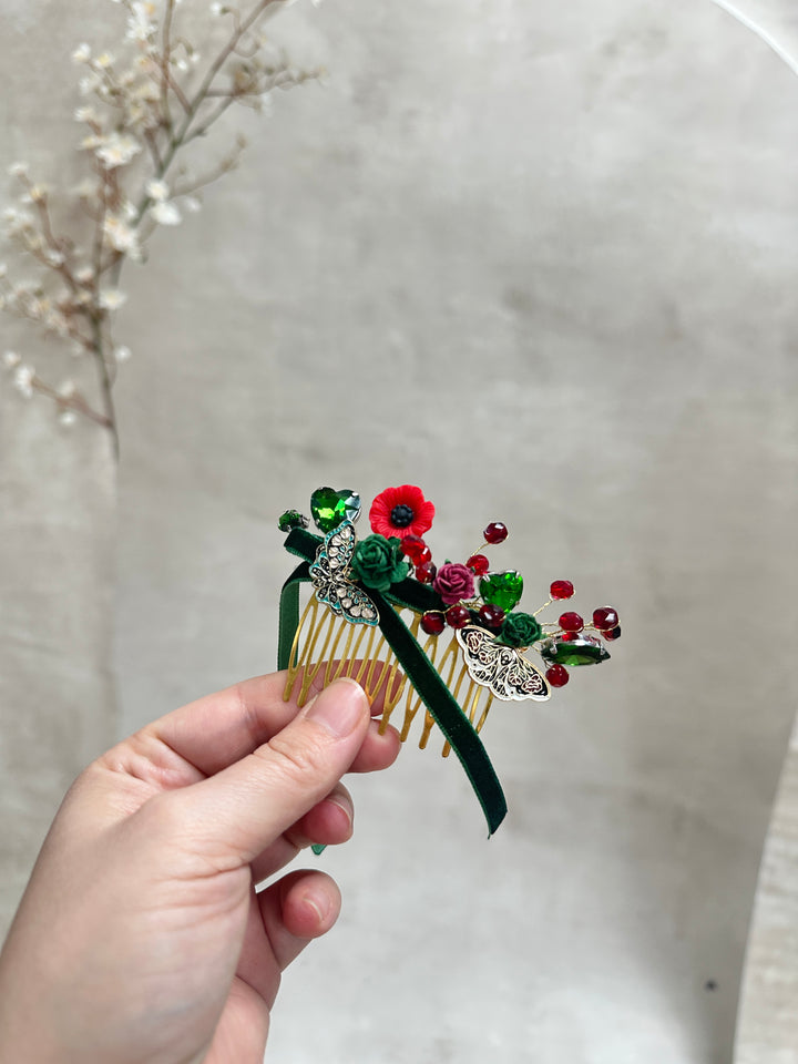 Red Green Glamour Hair Comb and Clip Set with Roses, Butterflies and Crystal Beads