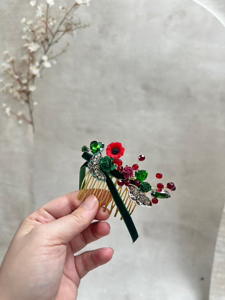 Red Green Glamour Hair Comb and Clip Set with Roses, Butterflies and Crystal Beads