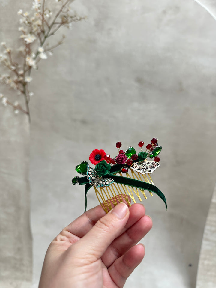 Red Green Glamour Hair Comb and Clip Set with Roses, Butterflies and Crystal Beads