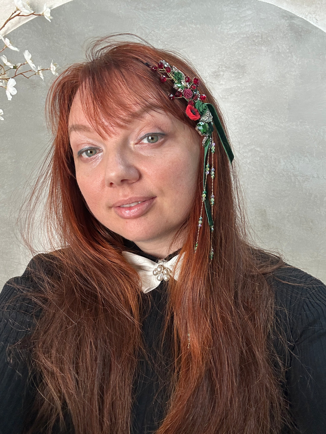 Red Green Glamour Hair Comb and Clip Set with Roses, Butterflies and Crystal Beads