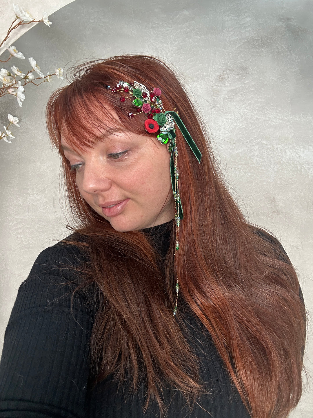 Red Green Glamour Hair Comb and Clip Set with Roses, Butterflies and Crystal Beads