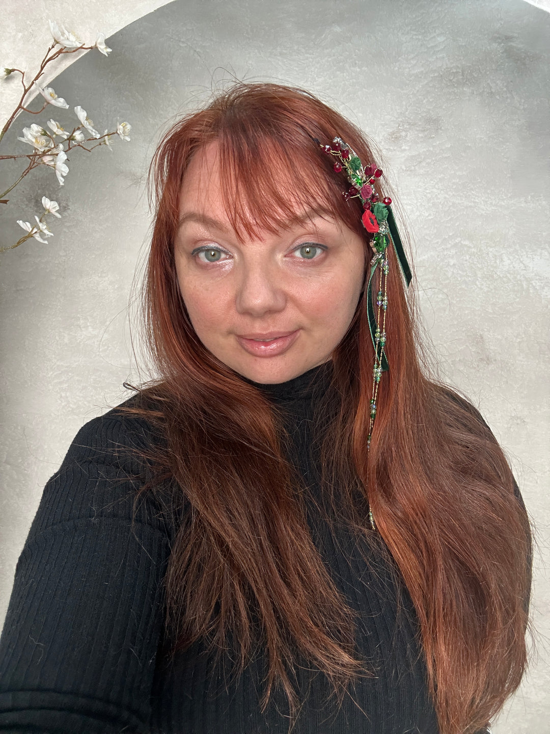 Red Green Glamour Hair Comb and Clip Set with Roses, Butterflies and Crystal Beads