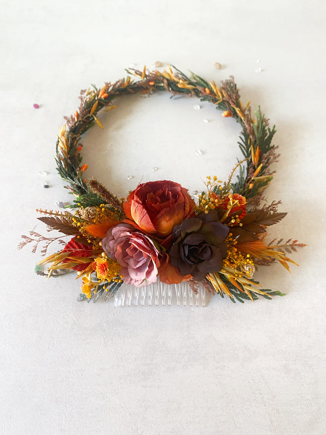 Fall Wedding Floral Hair Set - Wreath and Comb with Dried Materials