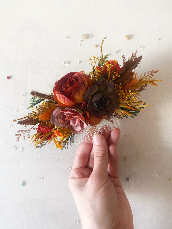 Fall Wedding Floral Hair Set - Wreath and Comb with Dried Materials