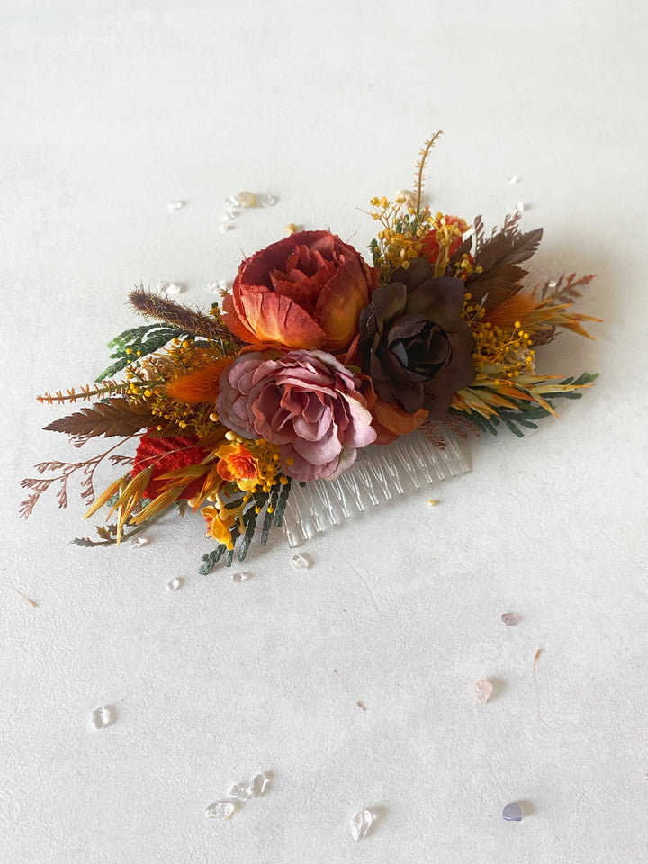 Fall Wedding Floral Hair Set - Wreath and Comb with Dried Materials