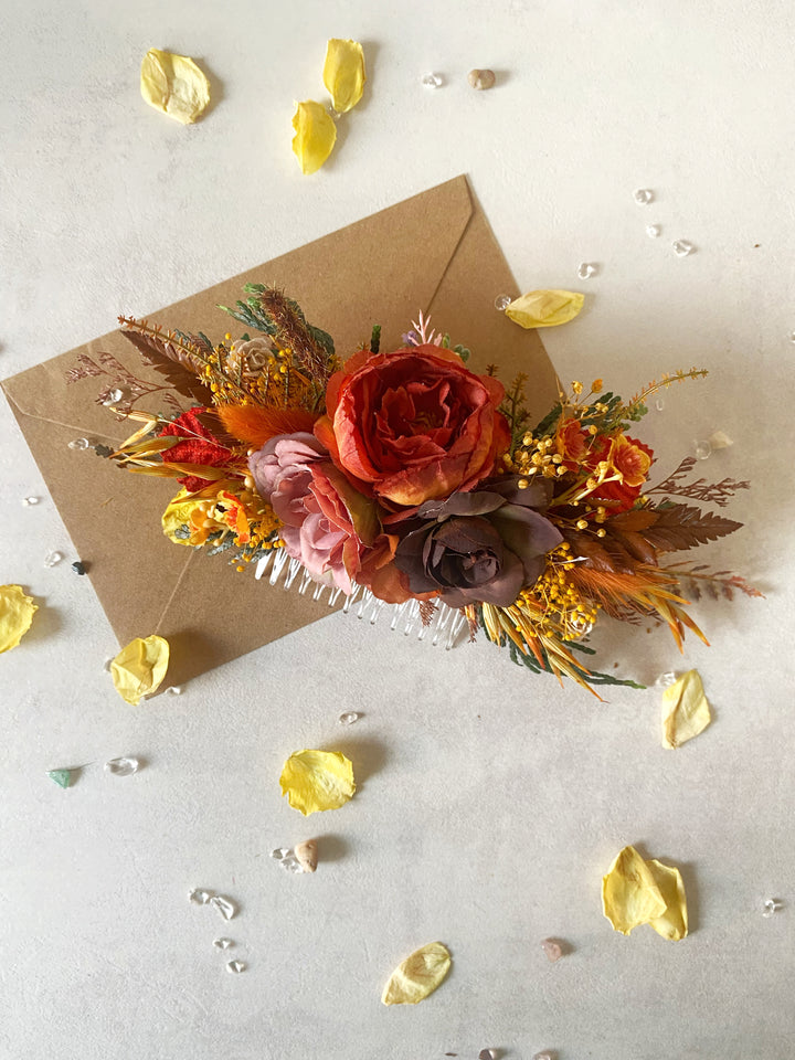 Fall Wedding Floral Hair Set - Wreath and Comb with Dried Materials