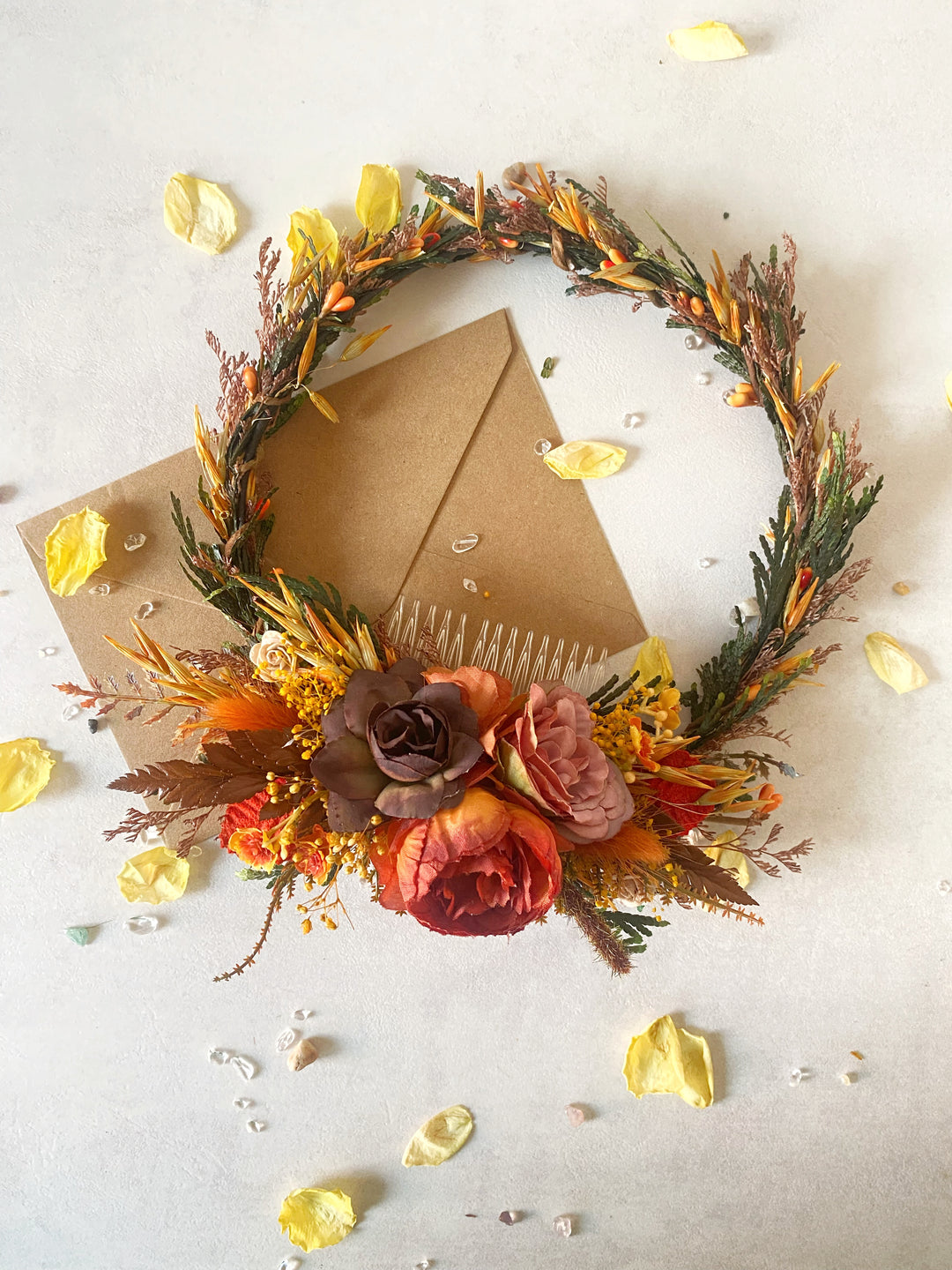 Fall Wedding Floral Hair Set - Wreath and Comb with Dried Materials
