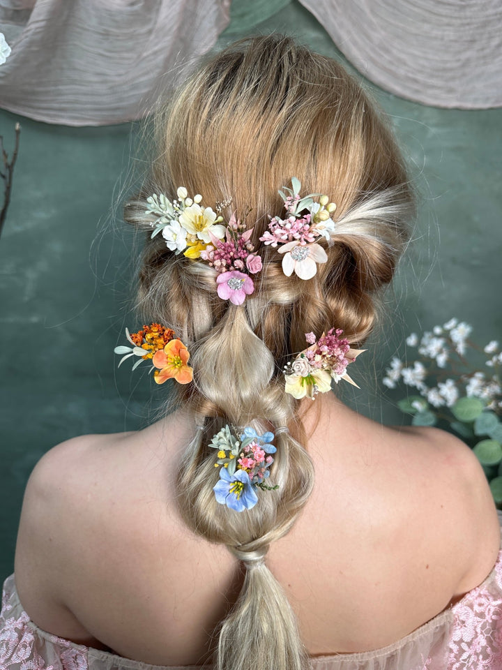 Pastel Flower Hair Pins: Boho Wedding Hair Accessories – handmade floral hair accessory by magaela