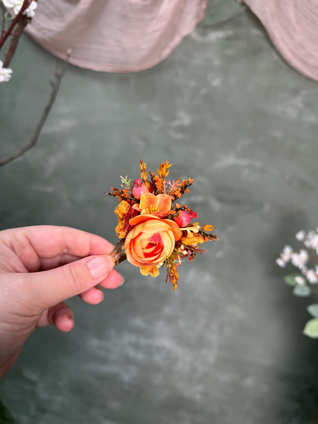Autumn Hair Clip with Textile Peony, Orange Flowers and Artificial Rose Hips – handmade floral hair accessory by magaela
