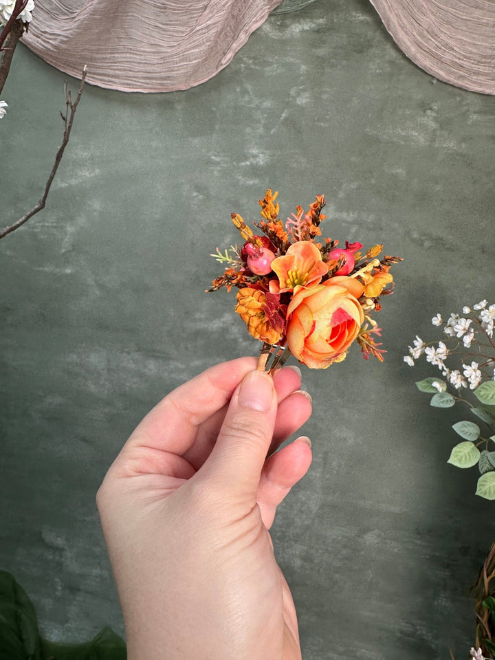 Autumn Hair Clip with Textile Peony, Orange Flowers and Artificial Rose Hips – handmade floral hair accessory by magaela