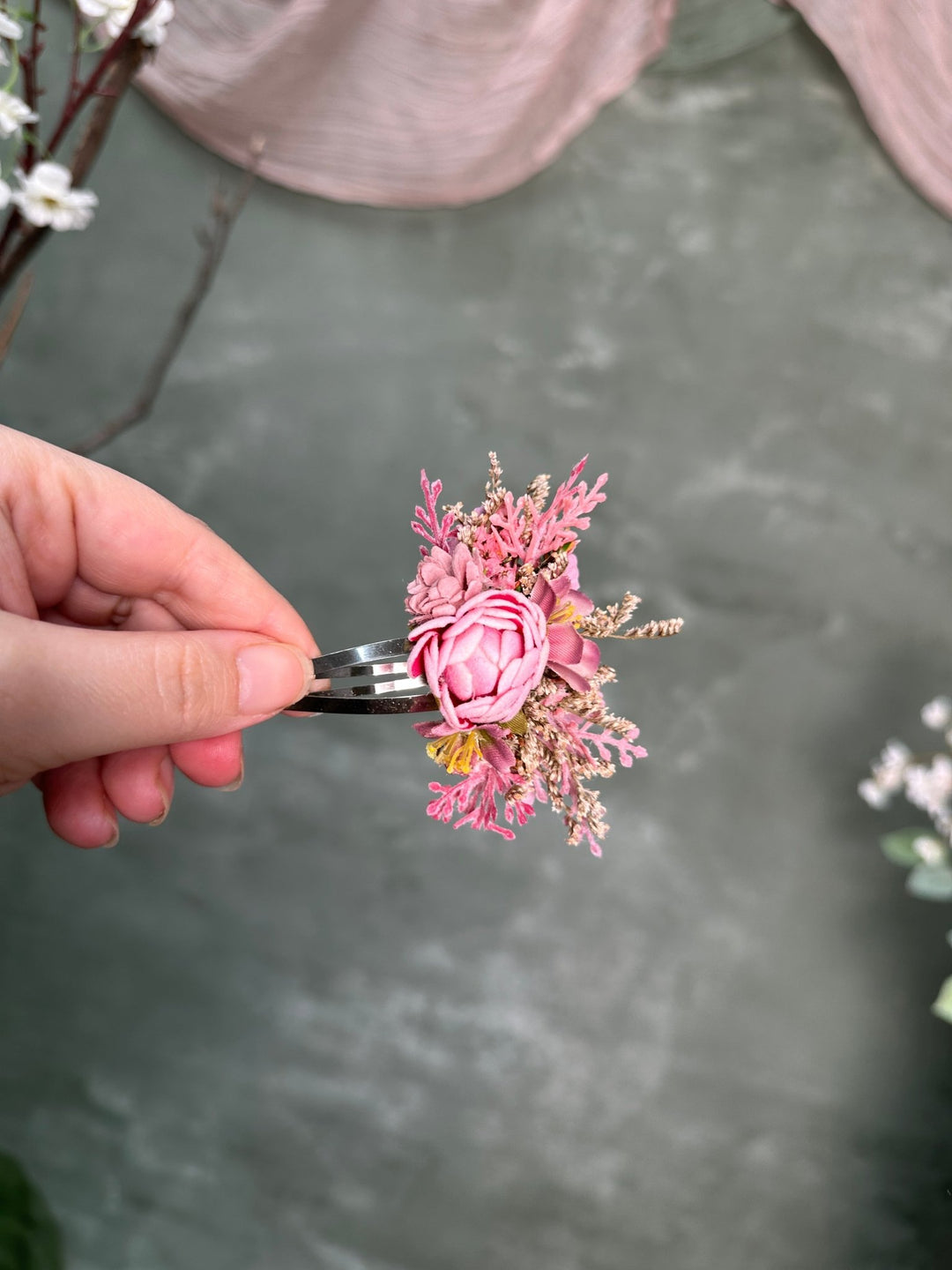 Pink Floral Hair Clip with Textile Peony, Artificial Branches and Preserved Grasses – handmade floral hair accessory by magaela