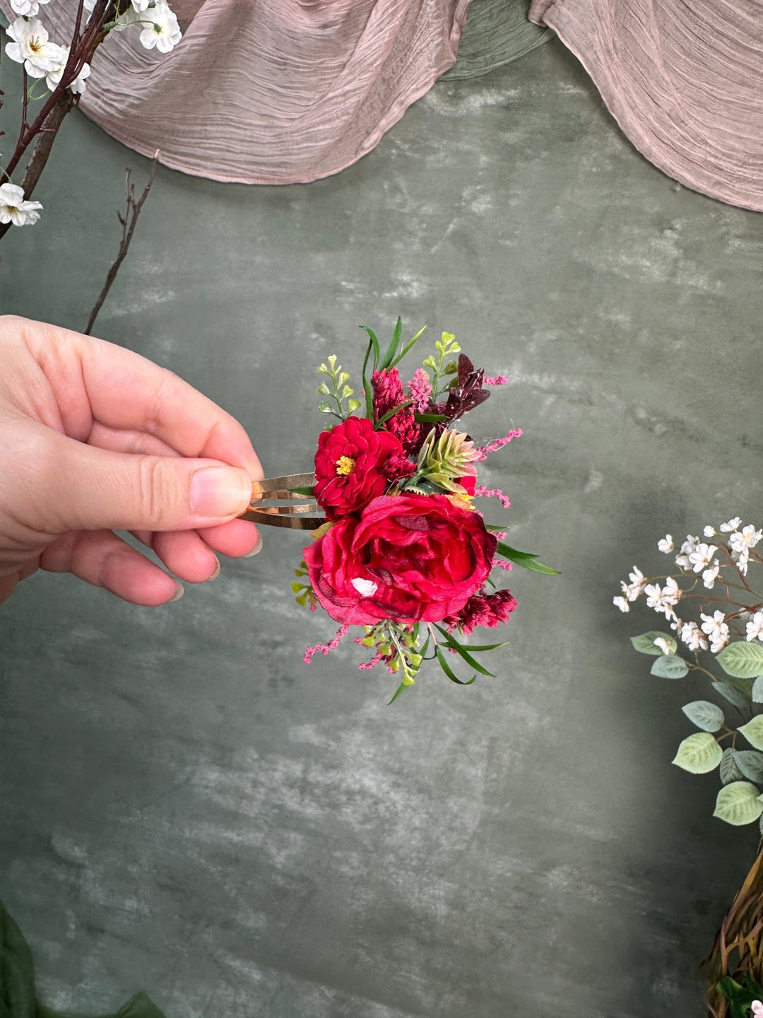 Red Floral Hair Clip with Roses – handmade floral hair accessory by magaela