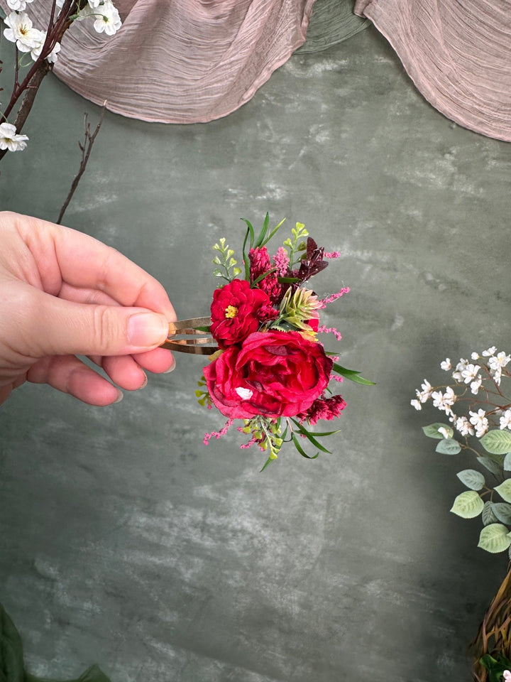 Red Floral Hair Clip with Roses – handmade floral hair accessory by magaela