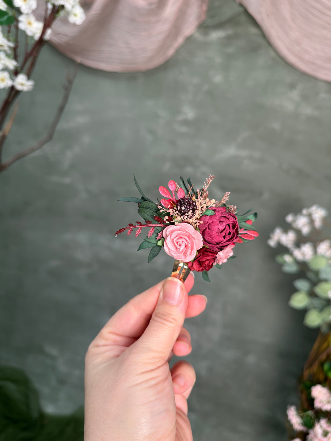 Floral Hair Snap Clip with Burgundy Peony, Paper Roses and Preserved Eucalyptus