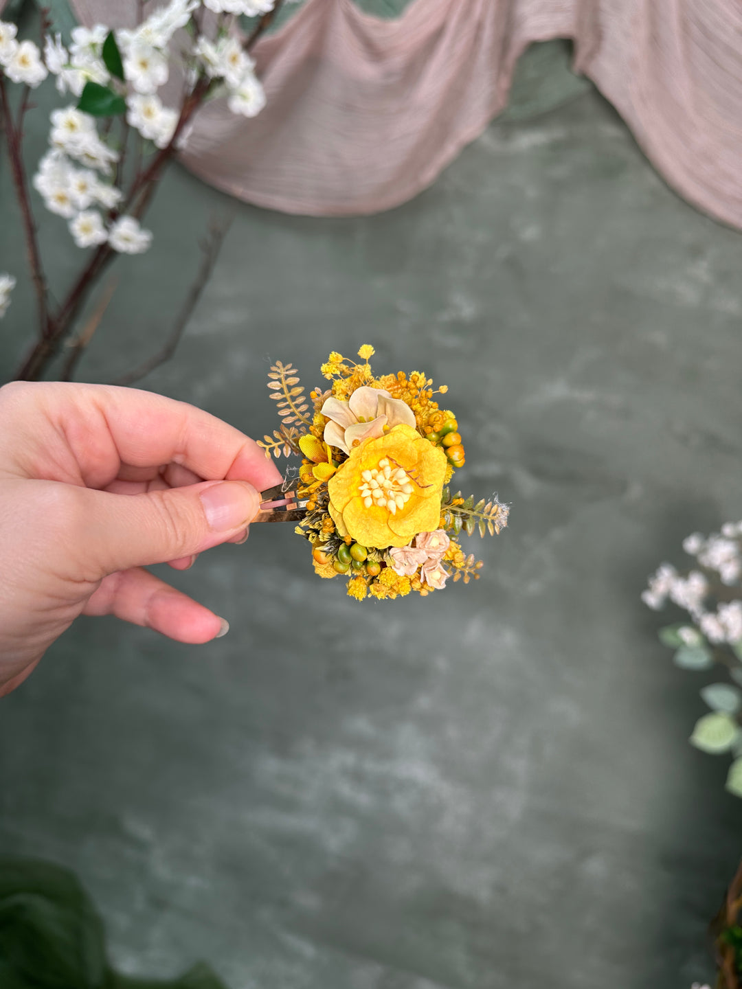 Floral Hair Clip with Yellow Gypsophila and Fabric Flowers
