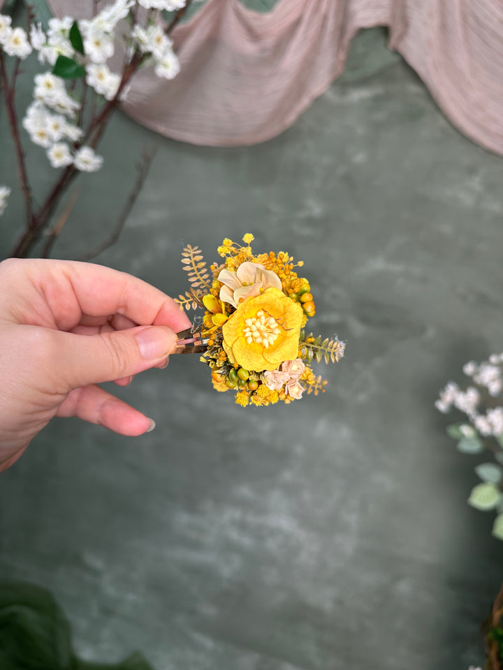 Floral Hair Clip with Yellow Gypsophila and Fabric Flowers