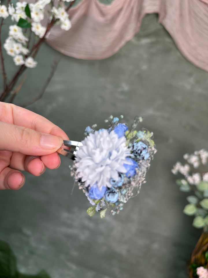 Floral Hair Clip with Dahlia, Blue Flowers, Blueberries  and Gypsophila