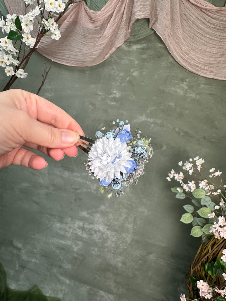Floral Hair Clip with Dahlia, Blue Flowers, Blueberries  and Gypsophila
