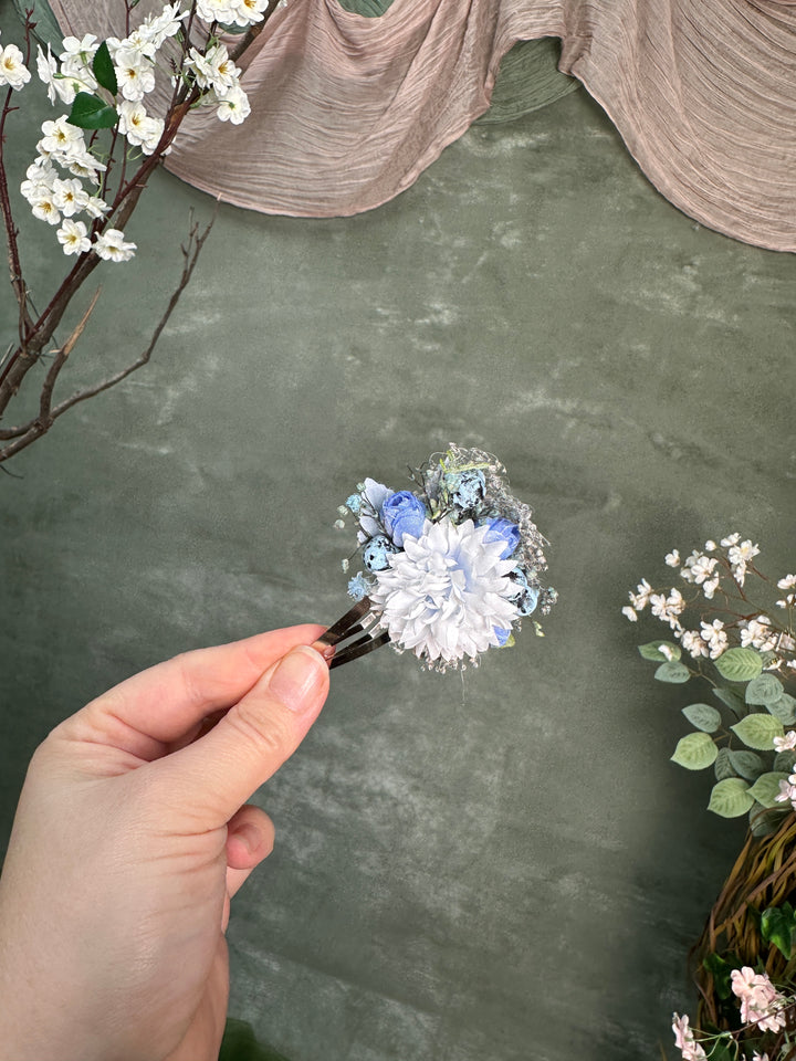 Floral Hair Clip with Dahlia, Blue Flowers, Blueberries  and Gypsophila