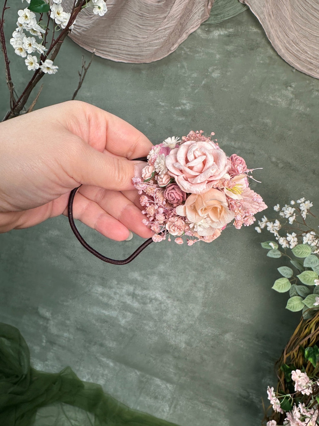 Pink Floral Hair Tie with Roses and Gypsophila – handmade floral hair accessory by magaela