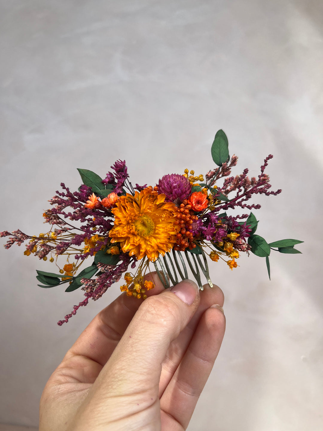 Dried Flower Hair Comb | Orange Flower, Purple Amaranth and Eucalyptus