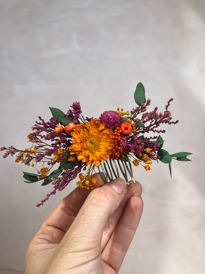 Dried Flower Hair Comb | Orange Flower, Purple Amaranth and Eucalyptus