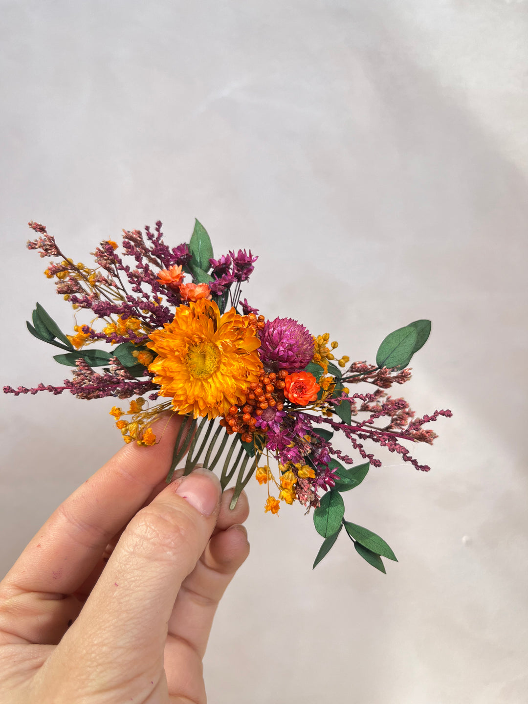 Dried Flower Hair Comb | Orange Flower, Purple Amaranth and Eucalyptus
