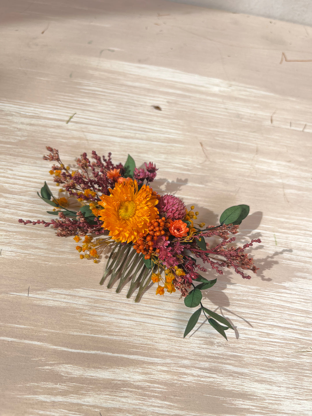 Dried Flower Hair Comb | Orange Flower, Purple Amaranth and Eucalyptus