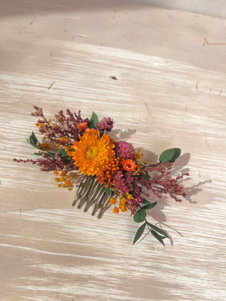 Dried Flower Hair Comb | Orange Flower, Purple Amaranth and Eucalyptus