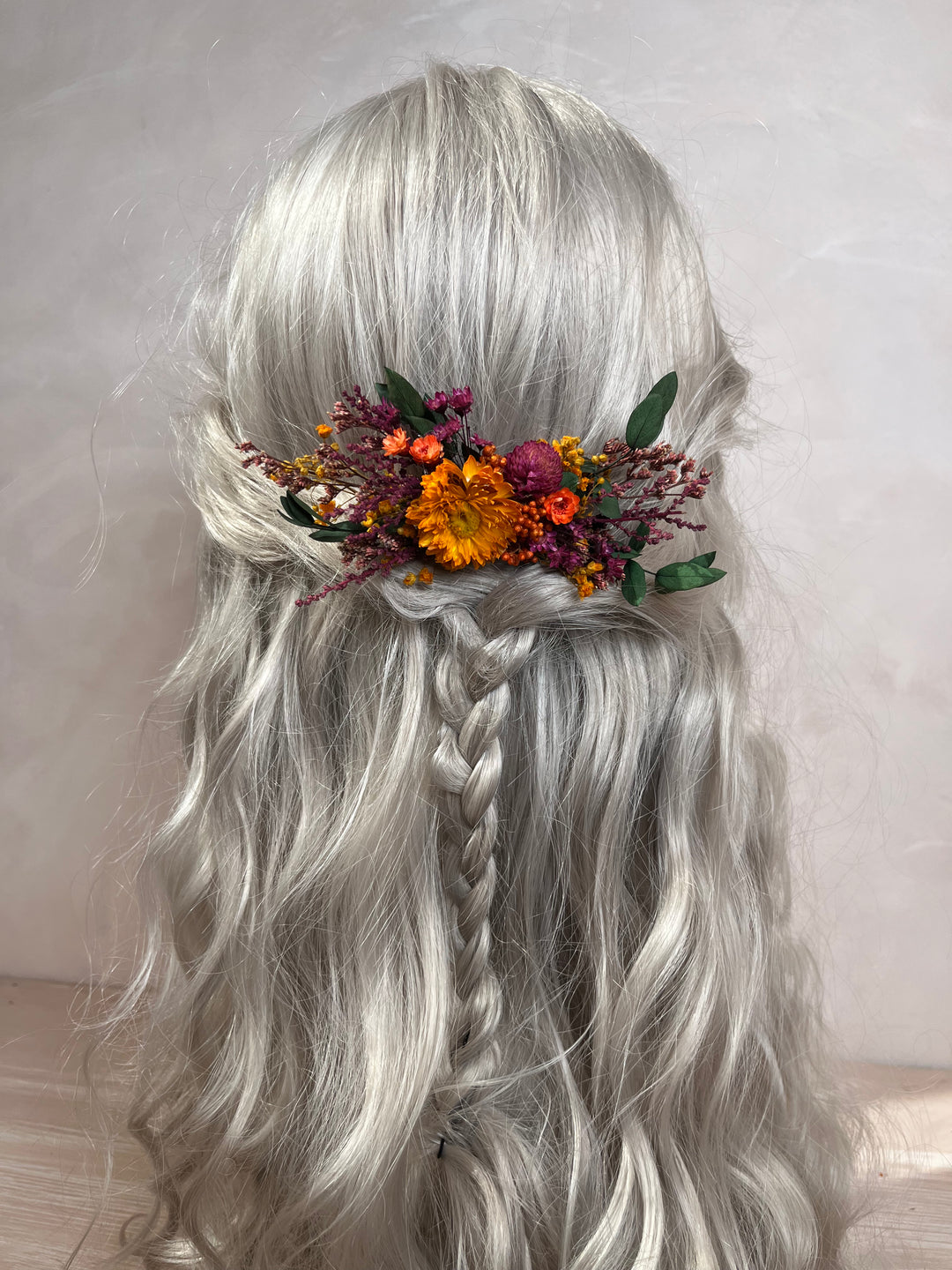 Dried Flower Hair Comb | Orange Flower, Purple Amaranth and Eucalyptus