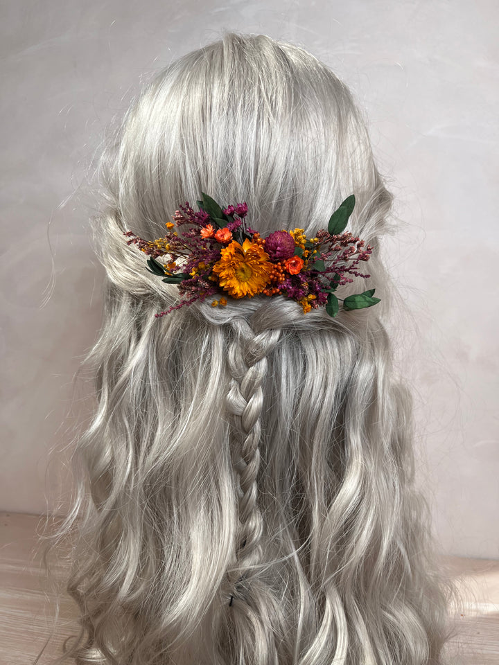 Dried Flower Hair Comb | Orange Flower, Purple Amaranth and Eucalyptus