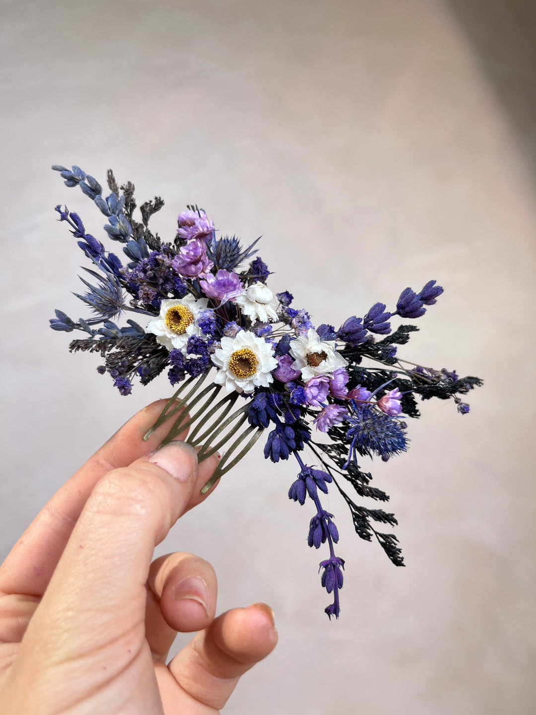 Dried Flower Hair Comb | Lavender, Gypsophila and White Daisy-Like Blooms