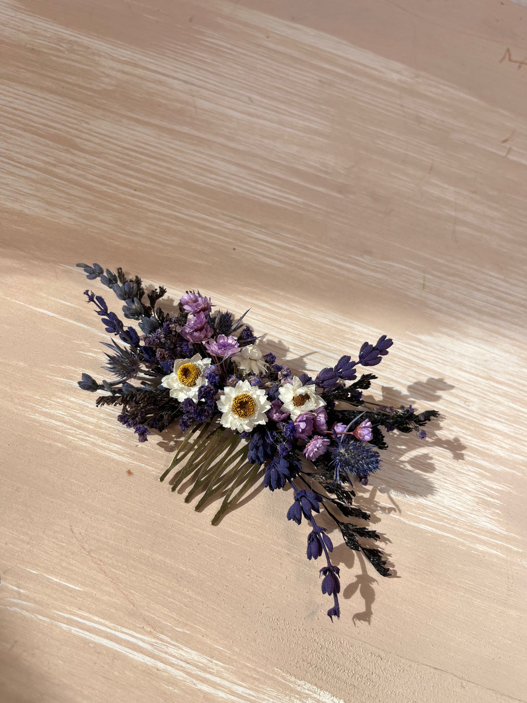 Dried Flower Hair Comb | Lavender, Gypsophila and White Daisy-Like Blooms