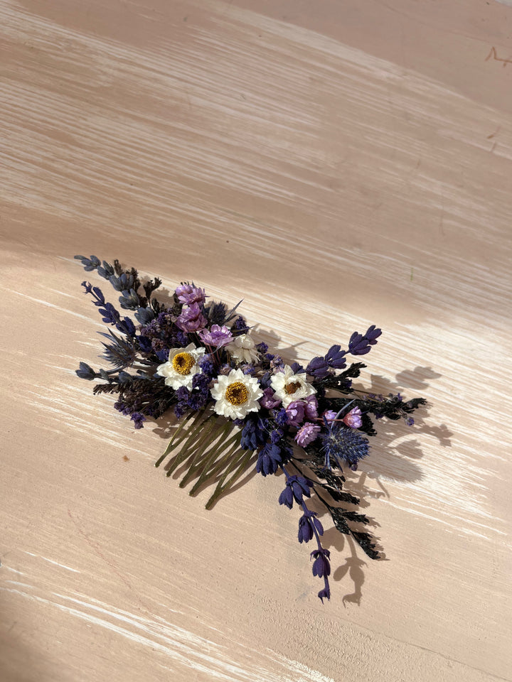 Dried Flower Hair Comb | Lavender, Gypsophila and White Daisy-Like Blooms