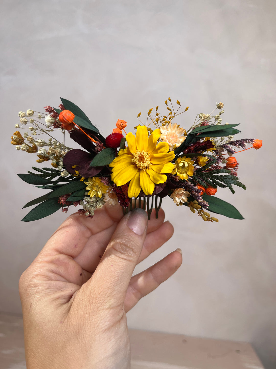 Dried Flower Hair Comb | Yellow, Burgundy and Orange with Eucalyptus
