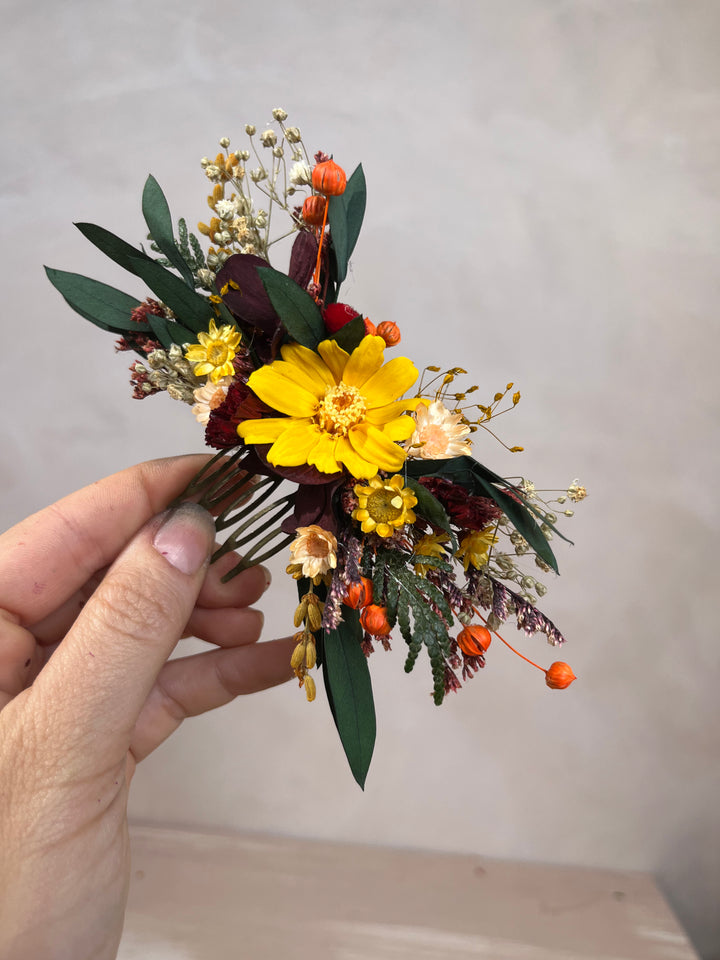 Dried Flower Hair Comb | Yellow, Burgundy and Orange with Eucalyptus