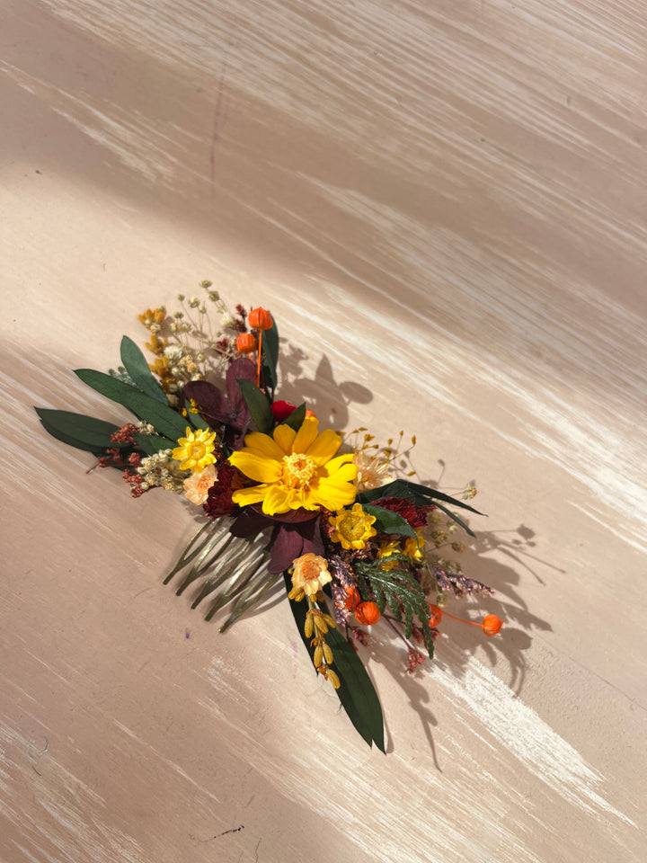Dried Flower Hair Comb | Yellow, Burgundy and Orange with Eucalyptus