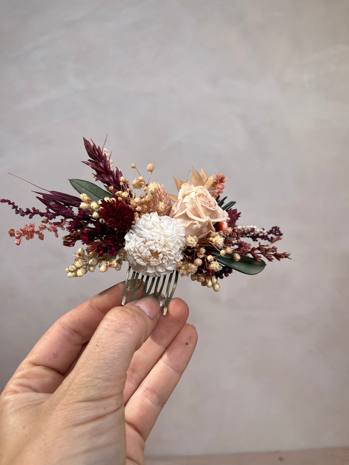 Dried Flower Hair Comb for Fall Wedding | Rose, Dahlia, Ruscus and Gypsophila