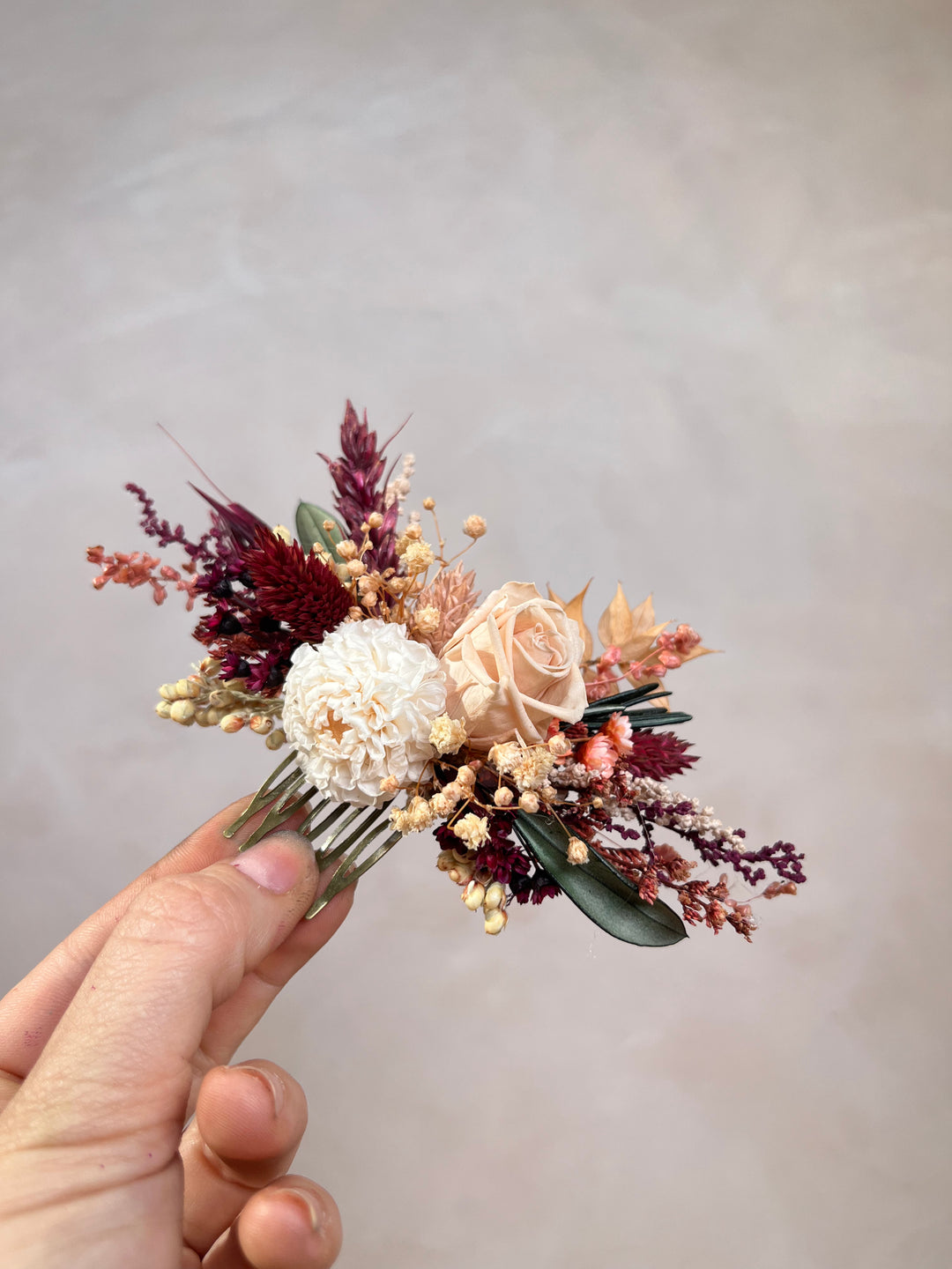 Dried Flower Hair Comb for Fall Wedding | Rose, Dahlia, Ruscus and Gypsophila