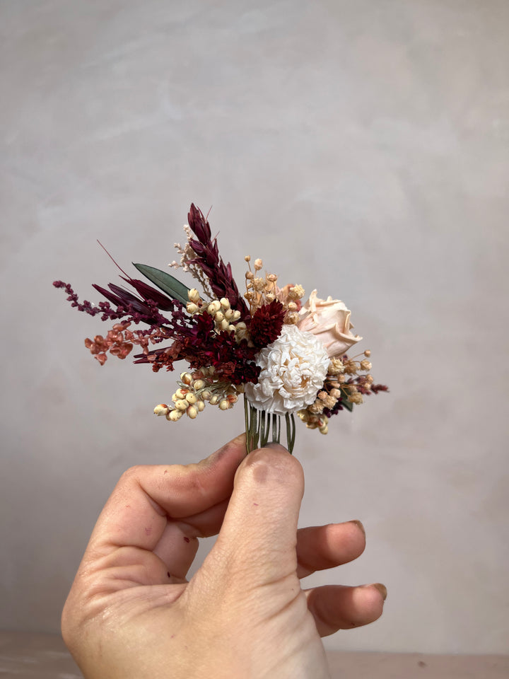 Dried Flower Hair Comb for Fall Wedding | Rose, Dahlia, Ruscus and Gypsophila