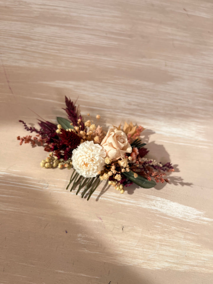 Dried Flower Hair Comb for Fall Wedding | Rose, Dahlia, Ruscus and Gypsophila