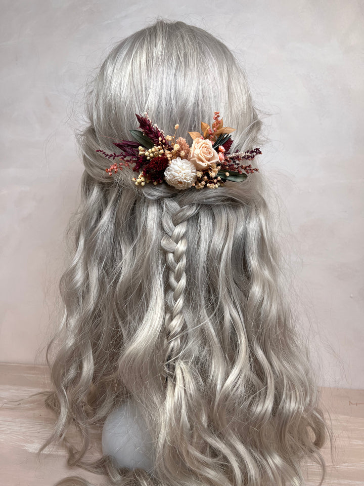 Dried Flower Hair Comb for Fall Wedding | Rose, Dahlia, Ruscus and Gypsophila