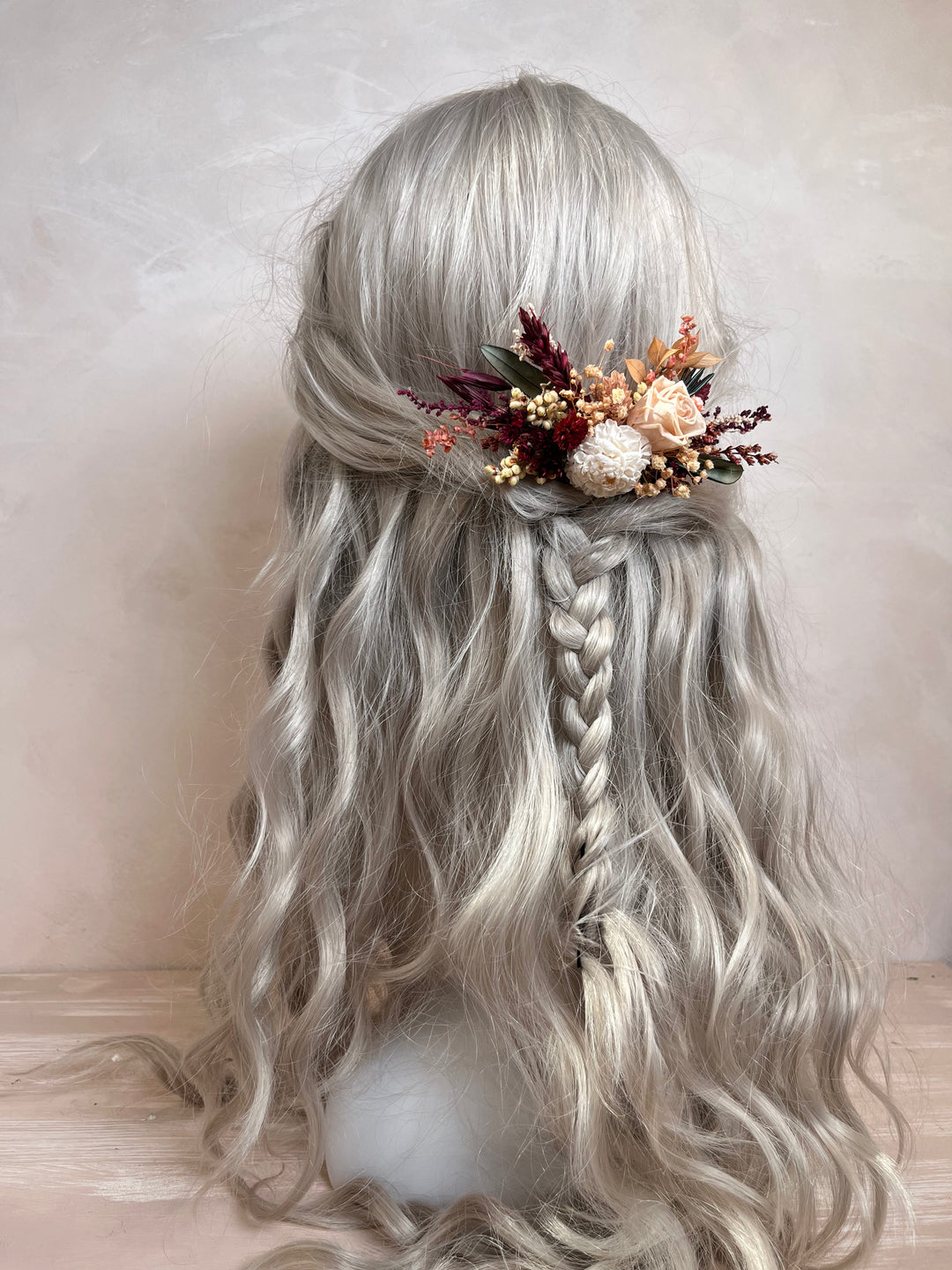 Dried Flower Hair Comb for Fall Wedding | Rose, Dahlia, Ruscus and Gypsophila