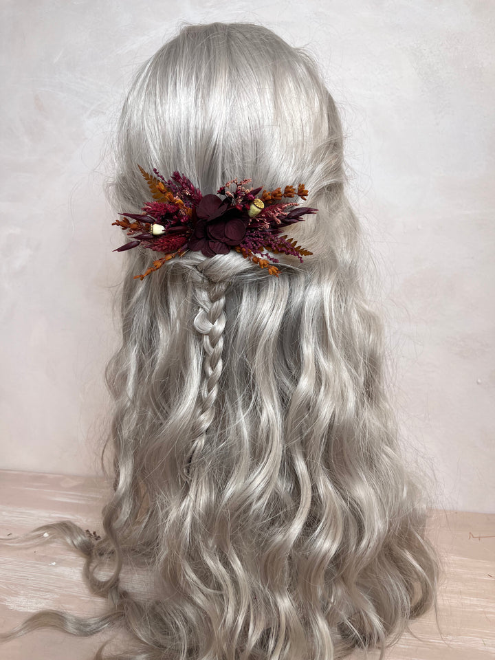 Dried Flower Burgundy Hair Comb  | Hydrangea, Lavender and Grasses