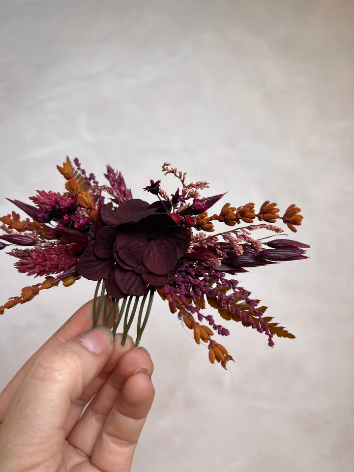 Dried Flower Burgundy Hair Comb  | Hydrangea, Lavender and Grasses